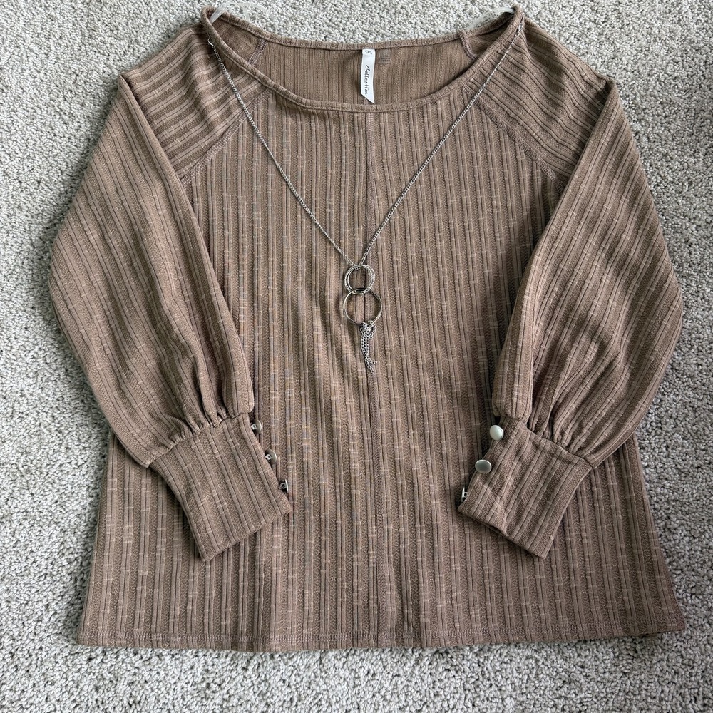 NY Collection Sweater Womens PM Petite Brown Striped Boat Neck Balloon Sleeve